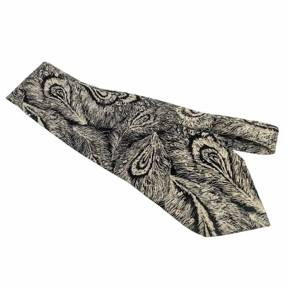 Steven Land Black & off white peacock feather print abstract silk necktie tie